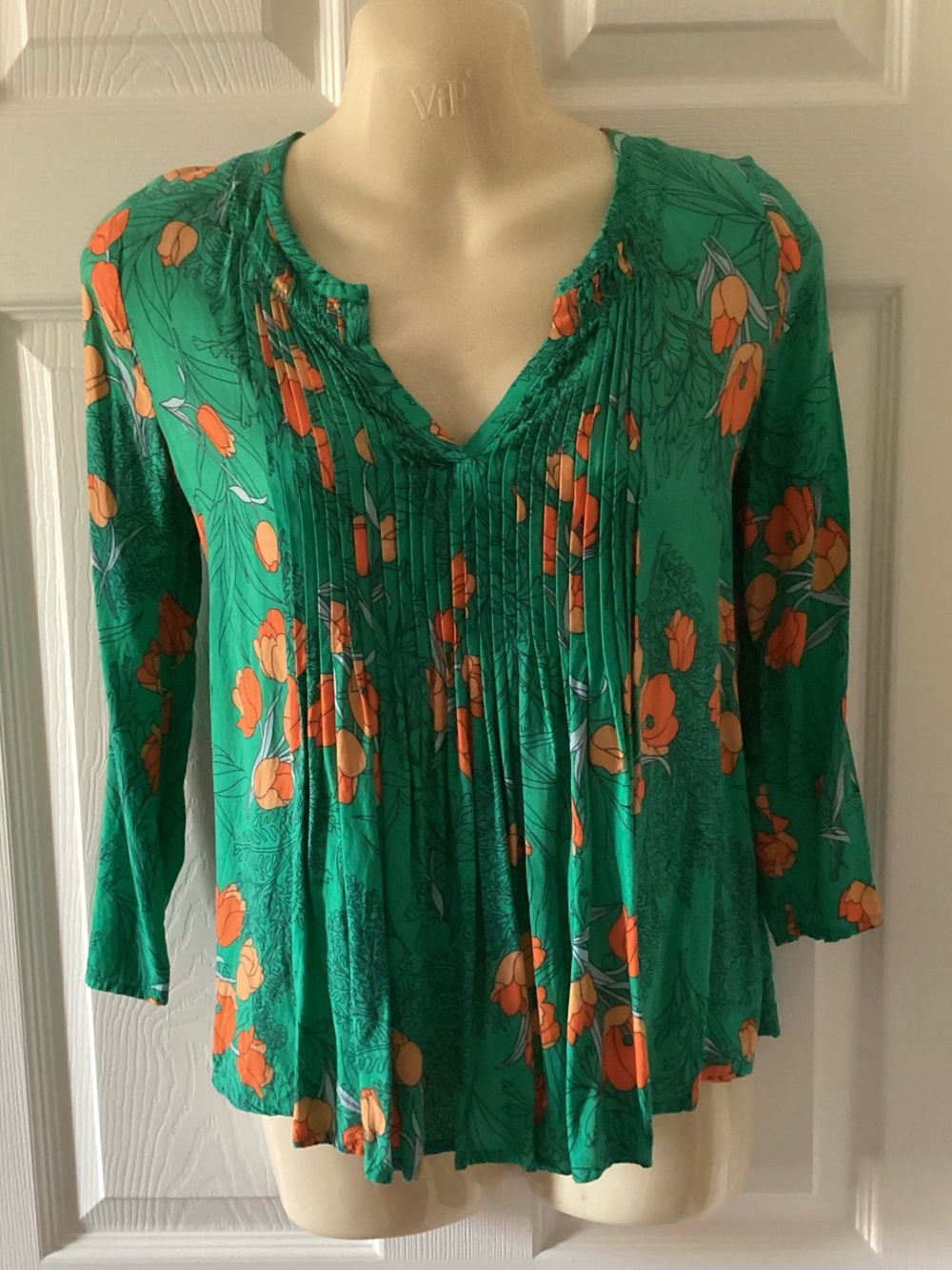 Anthropologie pleated boho top blouse XS EUC green floral 3/4 sleeve $118 Rtl